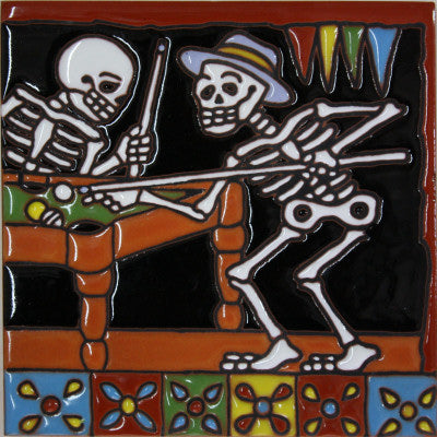 Playing Billiards Day Of The Dead Clay Tile