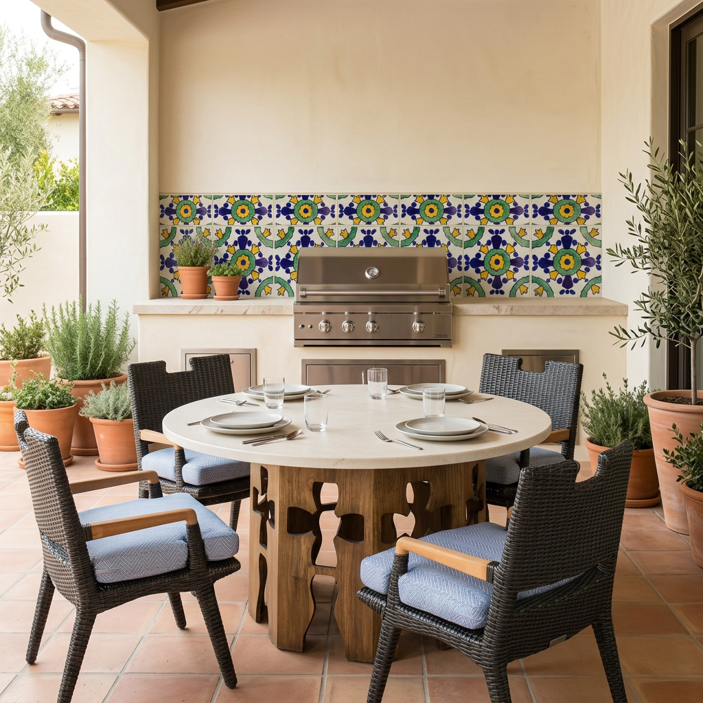 Barcelona tile backsplash in an outdoor grill and dining area