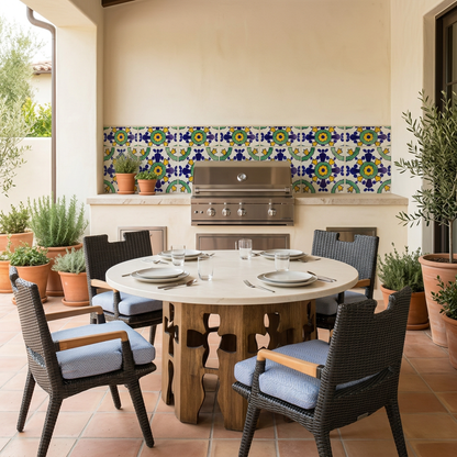 Barcelona tile backsplash in an outdoor grill and dining area