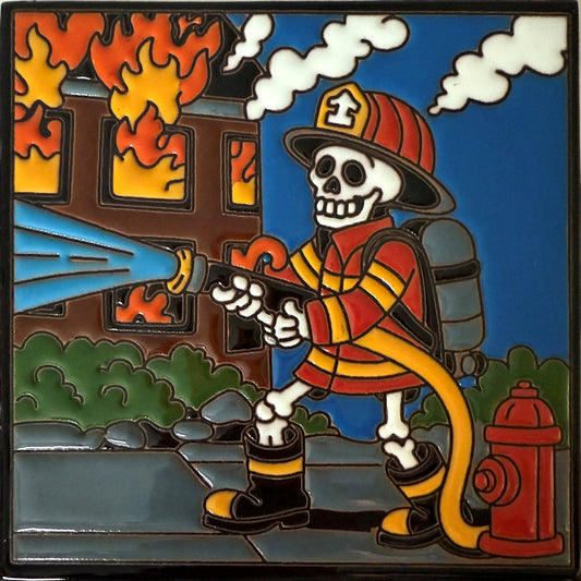 Firefighter Day-Of-The-Dead Talavera Clay Tile
