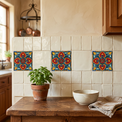 Hearts Talavera tiles in a warm Spanish-style kitchen
