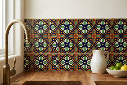 AI-generated kitchen inspiration featuring Sassari Talavera tiles with cobalt blue, green and terracotta details above a wood counter.