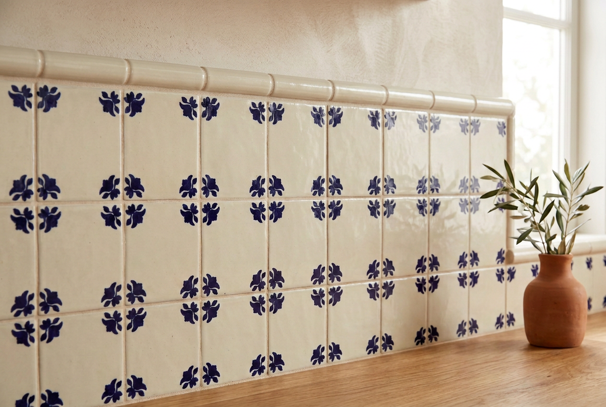 Milena backsplash with slimmer off-white pencil trim