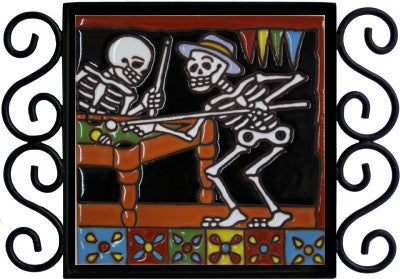Playing Billiards Day Of The Dead Clay Tile