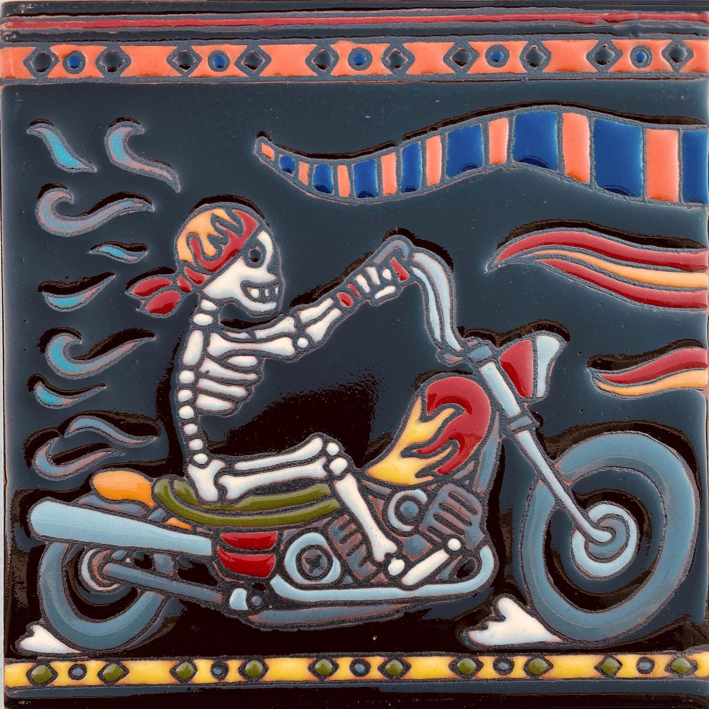 Motorcycle Riding Day Of The Dead Clay Tile