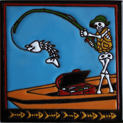 Fishing Day Of The Dead Clay Tile