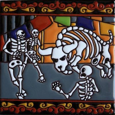 Running of the Bulls Day Of The Dead Clay Tile
