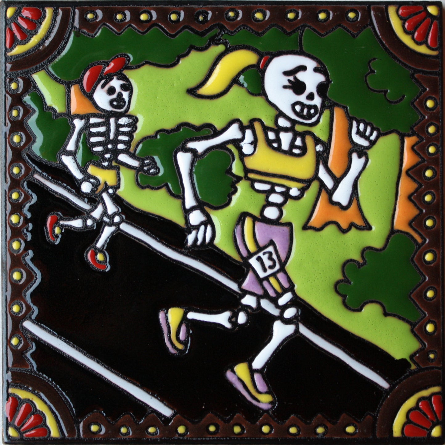 Marathon Runner at Finish Line Day Of The Dead Clay Tile